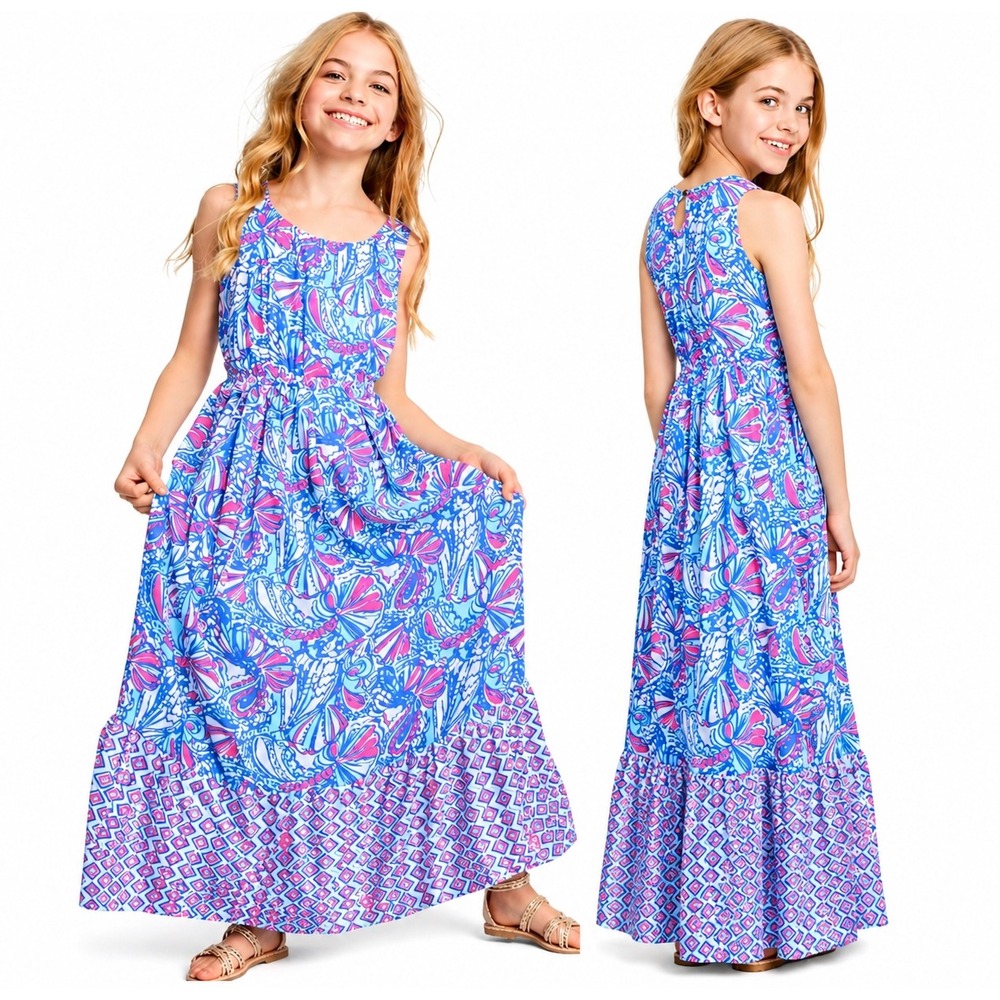 Lilly Pulitzer for Target Girls Maxi Dress 6 6X Blue Pink Shell Print Sleeveless